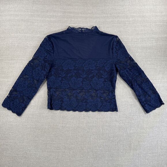 GUESS Navy Blue Lace Crop Holiday Glam Y2K Mock Nk Sheer Fitted Top Fairy Grunge - Picture 4 of 6